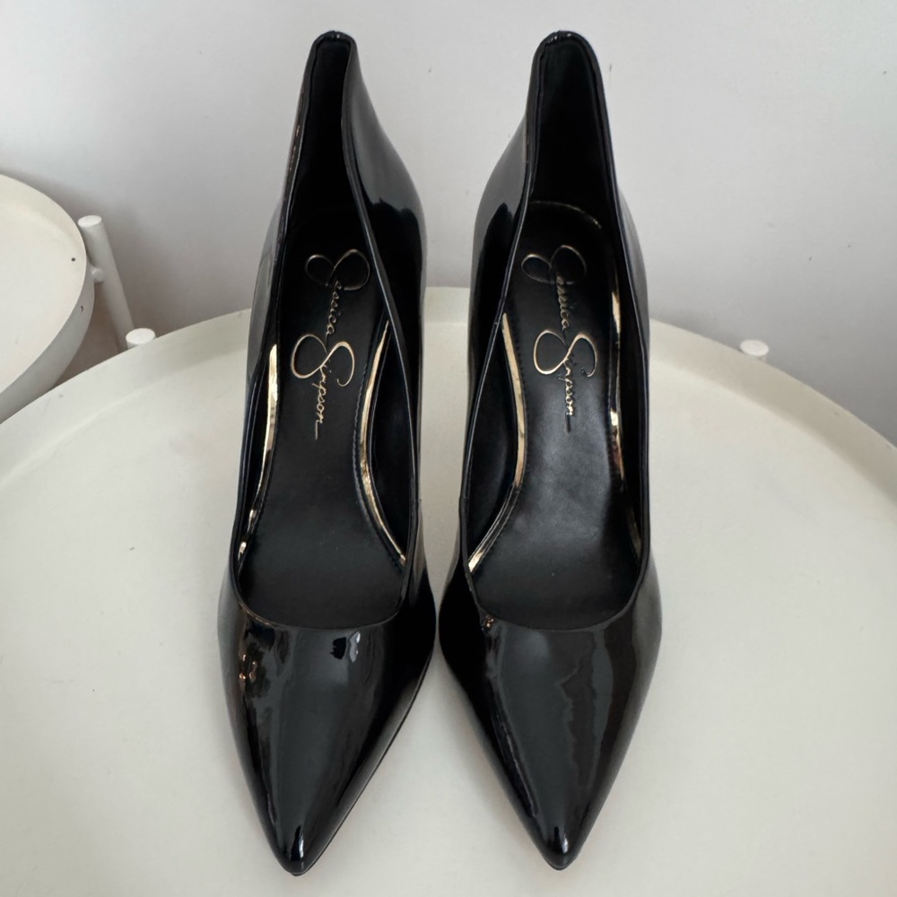 Black shiny closed toe heels